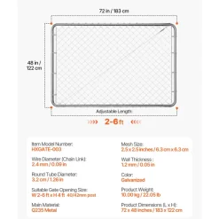 VEVOR Chain Link Fence Gate, 72 x 48 in, Adjustable Chain Link Fence Panel, Fit 2.2-6 ft (W) x 6 ft (H) Garden Fence Gate Opening, Rust-Resistant Galvanized Fencing Gate for Farm, Posts Not Included