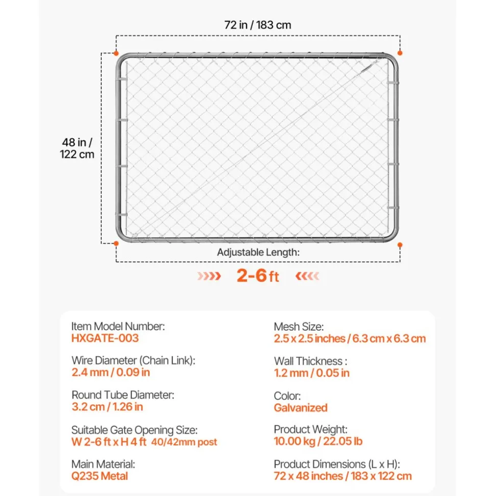 VEVOR Chain Link Fence Gate, 72 x 48 in, Adjustable Chain Link Fence Panel, Fit 2.2-6 ft (W) x 6 ft (H) Garden Fence Gate Opening, Rust-Resistant Galvanized Fencing Gate for Farm, Posts Not Included