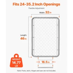 VEVOR Chain Link Fence Gate, 32 x 46 in, Adjustable Chain Link Fence Panel, Fit 2-4 ft (W) x 4 ft (H) Garden Fence Gate Opening, Rust-Resistant Galvanized Fencing Gate for Farm Posts Not Included