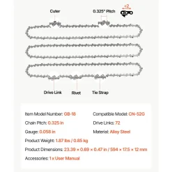 VEVOR Chainsaw Chain 3 Pack 18 Inch 0.325" Pitch 0.058" Gauge 72 Drive Link, Fits VEVOR CN-52G Gas Chainsaw, Forged Alloy Steel, Replacement Saw Chain with Sharp Cutter Teeth, Wear-Resistant Tie Strap