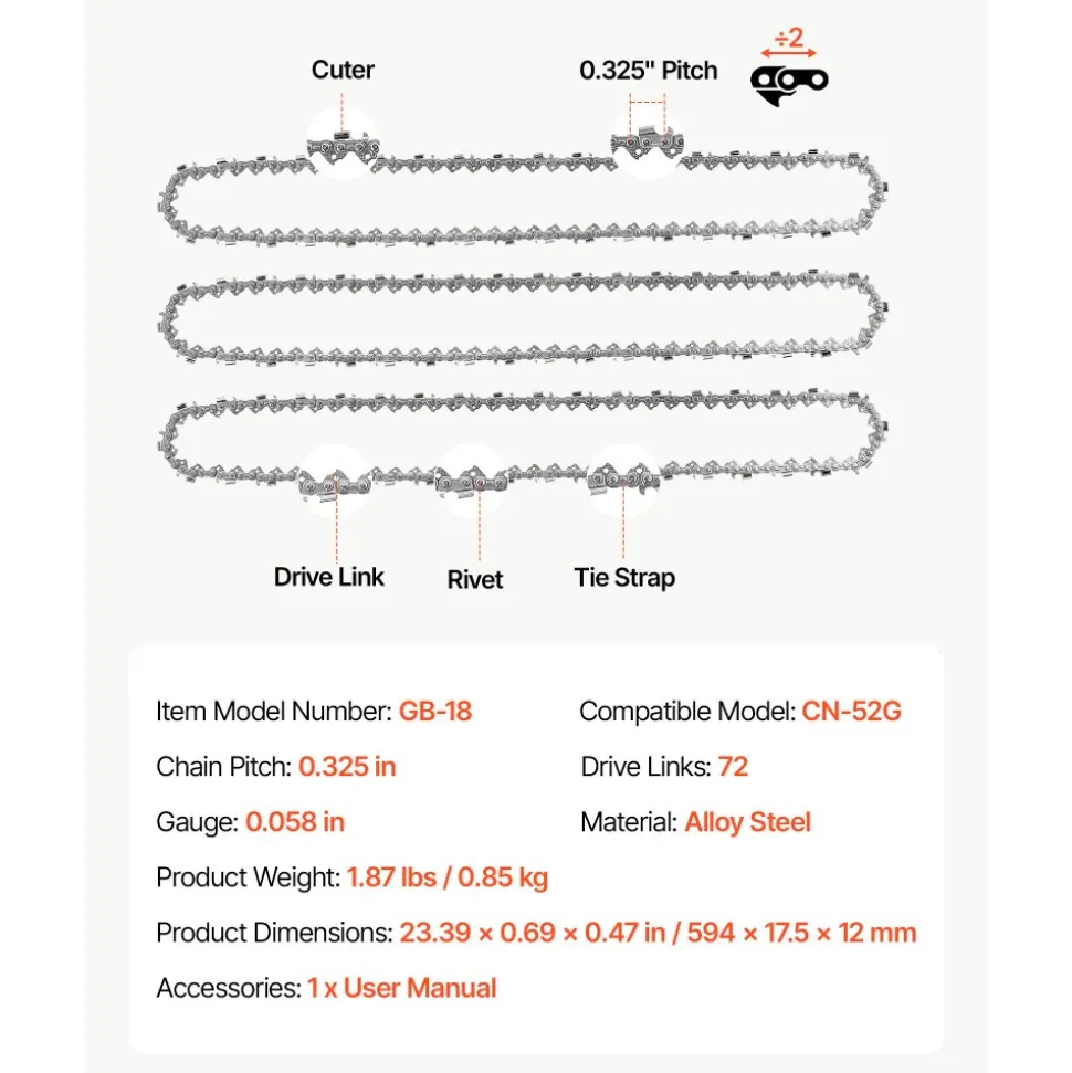 VEVOR Chainsaw Chain 3 Pack 18 Inch 0.325" Pitch 0.058" Gauge 72 Drive Link, Fits VEVOR CN-52G Gas Chainsaw, Forged Alloy Steel, Replacement Saw Chain with Sharp Cutter Teeth, Wear-Resistant Tie Strap