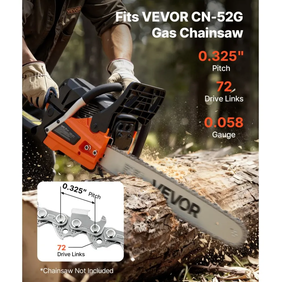 VEVOR Chainsaw Chain 3 Pack 18 Inch 0.325" Pitch 0.058" Gauge 72 Drive Link, Fits VEVOR CN-52G Gas Chainsaw, Forged Alloy Steel, Replacement Saw Chain with Sharp Cutter Teeth, Wear-Resistant Tie Strap