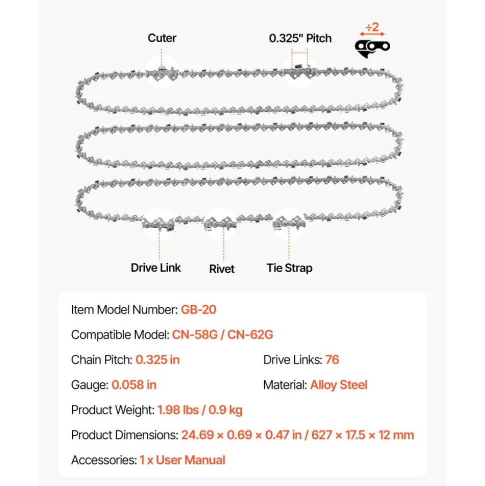 VEVOR Chainsaw Chain 3 Pack 20 Inch 0.325" Pitch 0.058" Gauge 76 Drive Link, Fits VEVOR CN-58G / CN-62G Gas Chainsaw, Forged Alloy Steel, Replacement Saw Chains with Sharp Cutter Teeth & Tie Straps