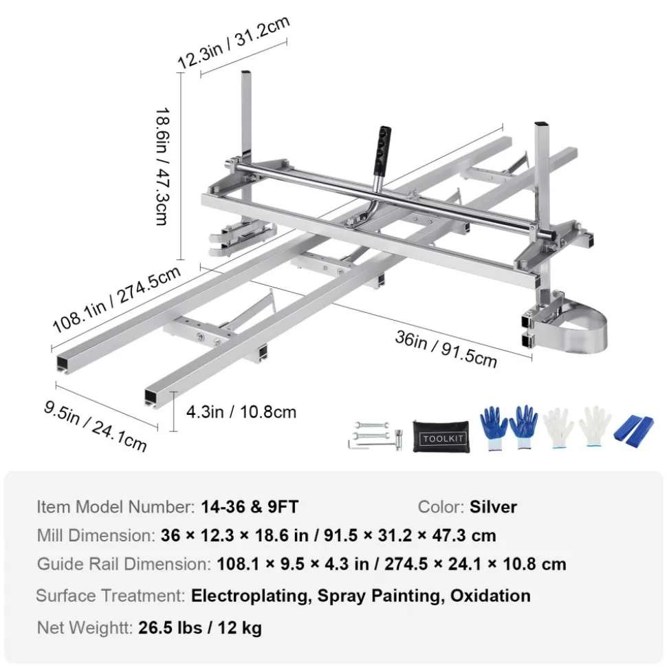 VEVOR Chainsaw Mill and Rail Mill Guide System, Portable Sawmill 14"-36" Guide Bar, 9ft Aluminum Saw Milling Rail Guide with Chainsaw Planking Mill for Woodworkers and Carpenters