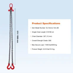 VEVOR Chain Sling, 3/8 inch x 6 ft Lifting Chains with Hooks, G80 Engine Chain Hoist Lifts, 11000 lbs/5 Ton Lifting Sling Chains for Engine Hoist, Engine Lift Chain with 2 Leg Grab Hooks and Adjusters