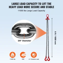VEVOR Chain Sling, 3/8 inch x 6 ft Lifting Chains with Hooks, G80 Engine Chain Hoist Lifts, 11000 lbs/5 Ton Lifting Sling Chains for Engine Hoist, Engine Lift Chain with 2 Leg Grab Hooks and Adjusters