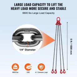 VEVOR Chain Sling, 1/4 inch x 5 ft Lifting Chains with Hooks, G80 Engine Chain Hoist Lifts, 6600 lbs/3 Ton Lifting Sling Chains for Engine Hoist, Engine Lift Chain with 4 Leg Grab Hooks and Adjusters