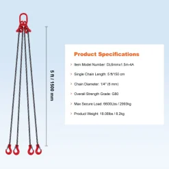 VEVOR Chain Sling, 1/4 inch x 5 ft Lifting Chains with Hooks, G80 Engine Chain Hoist Lifts, 6600 lbs/3 Ton Lifting Sling Chains for Engine Hoist, Engine Lift Chain with 4 Leg Grab Hooks and Adjusters