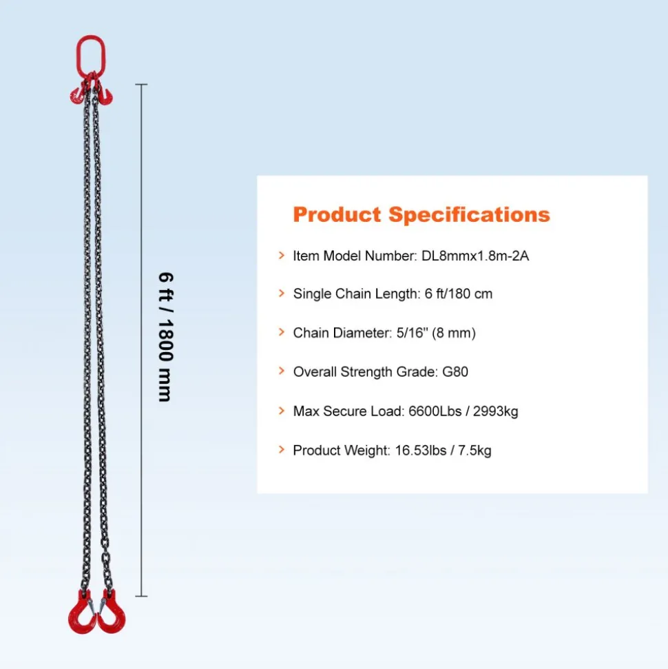 VEVOR Chain Sling, 5/16 inch x 6 ft Lifting Chains with Hooks, G80 Engine Chain Hoist Lifts, 6600 lbs/3 Ton Lifting Sling Chains for Engine Hoist, Engine Lift Chain with 2 Leg Grab Hooks and Adjusters