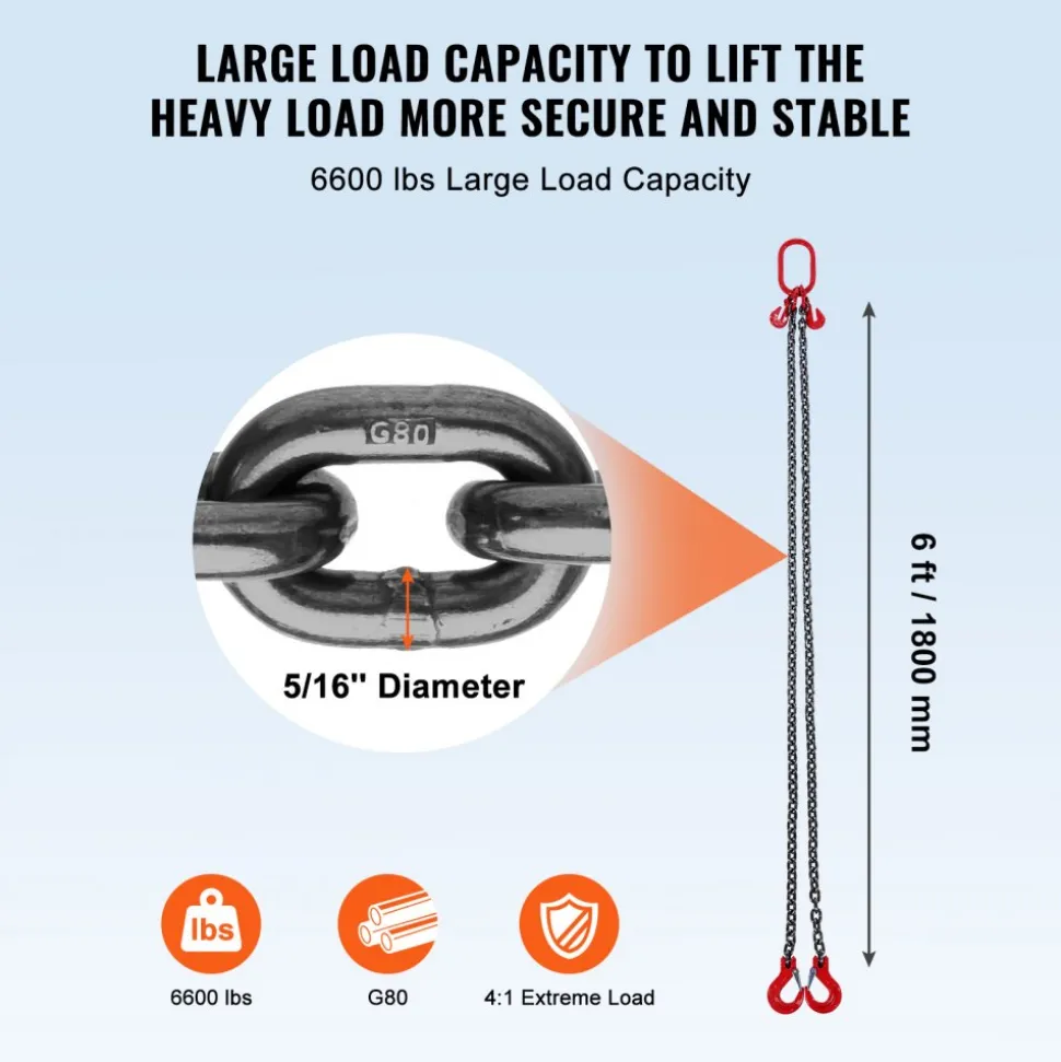 VEVOR Chain Sling, 5/16 inch x 6 ft Lifting Chains with Hooks, G80 Engine Chain Hoist Lifts, 6600 lbs/3 Ton Lifting Sling Chains for Engine Hoist, Engine Lift Chain with 2 Leg Grab Hooks and Adjusters