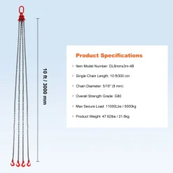 VEVOR Chain Sling, 3/8 inch x 5 ft Lifting Chains with Hooks, G80 Engine Chain Hoist Lifts, 11000 lbs/5 Ton Capacity Lifting Sling Chains for Engine Hoist, Engine Lift Chain with 2 Leg Grab Hooks