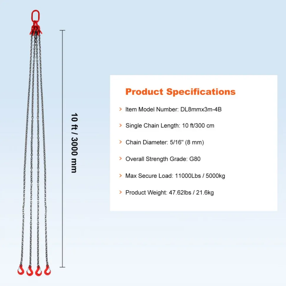 VEVOR Chain Sling, 3/8 inch x 5 ft Lifting Chains with Hooks, G80 Engine Chain Hoist Lifts, 11000 lbs/5 Ton Capacity Lifting Sling Chains for Engine Hoist, Engine Lift Chain with 2 Leg Grab Hooks