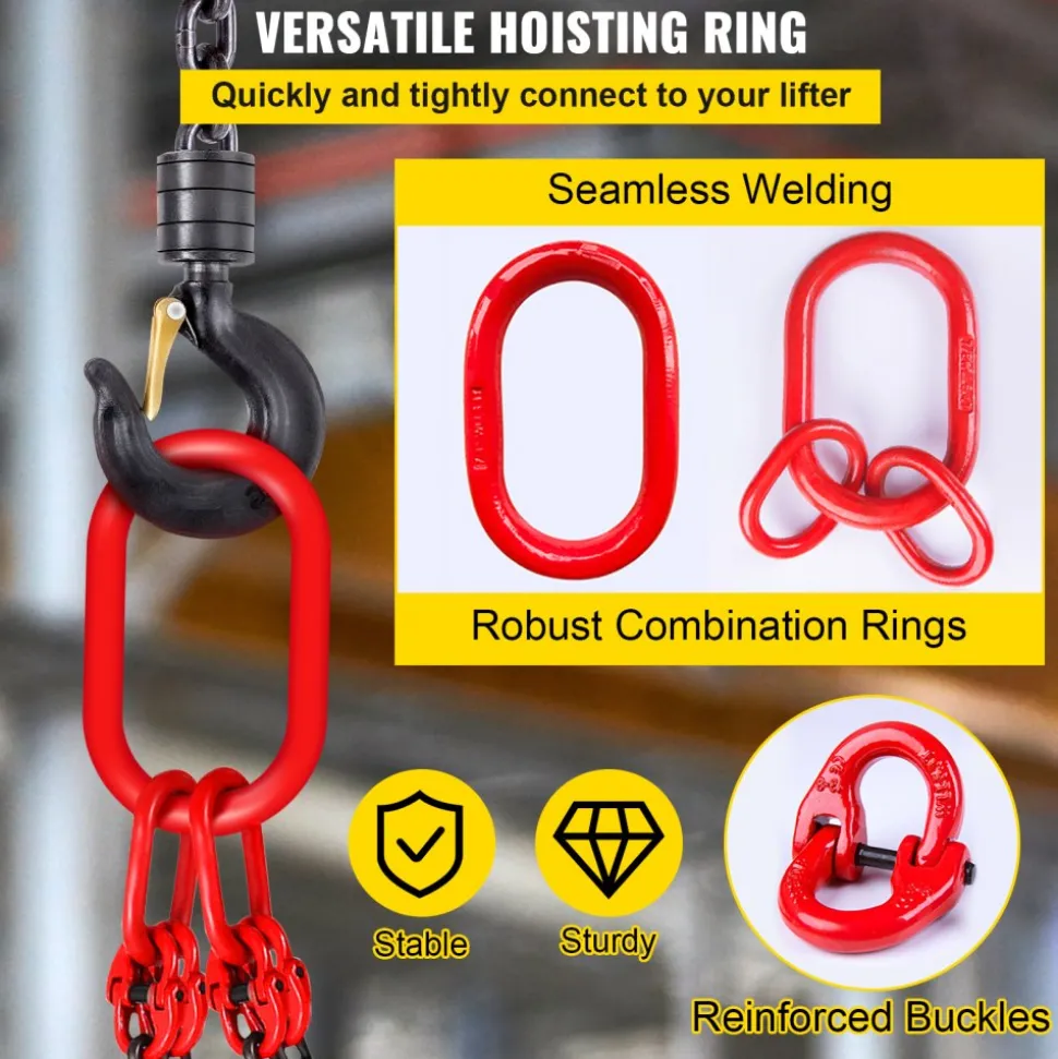 VEVOR Chain Sling, 5/16 inch x 5 ft Lifting Chains with Hooks, G80 Engine Chain Hoist Lifts, 11000 lbs/5 Ton Capacity Lifting Sling Chains for Engine Hoist, Engine Lift Chain with 4 Leg Grab Hooks