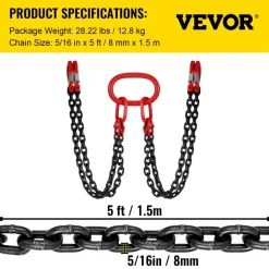 VEVOR Chain Sling, 5/16 inch x 5 ft Lifting Chains with Hooks, G80 Engine Chain Hoist Lifts, 11000 lbs/5 Ton Capacity Lifting Sling Chains for Engine Hoist, Engine Lift Chain with 4 Leg Grab Hooks