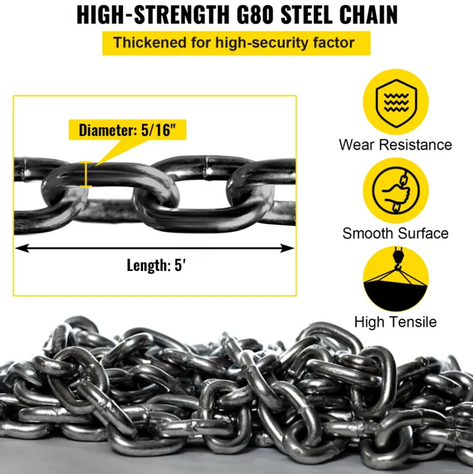 VEVOR Chain Sling, 5/16 inch x 5 ft Lifting Chains with Hooks, G80 Engine Chain Hoist Lifts, 11000 lbs/5 Ton Capacity Lifting Sling Chains for Engine Hoist, Engine Lift Chain with 4 Leg Grab Hooks