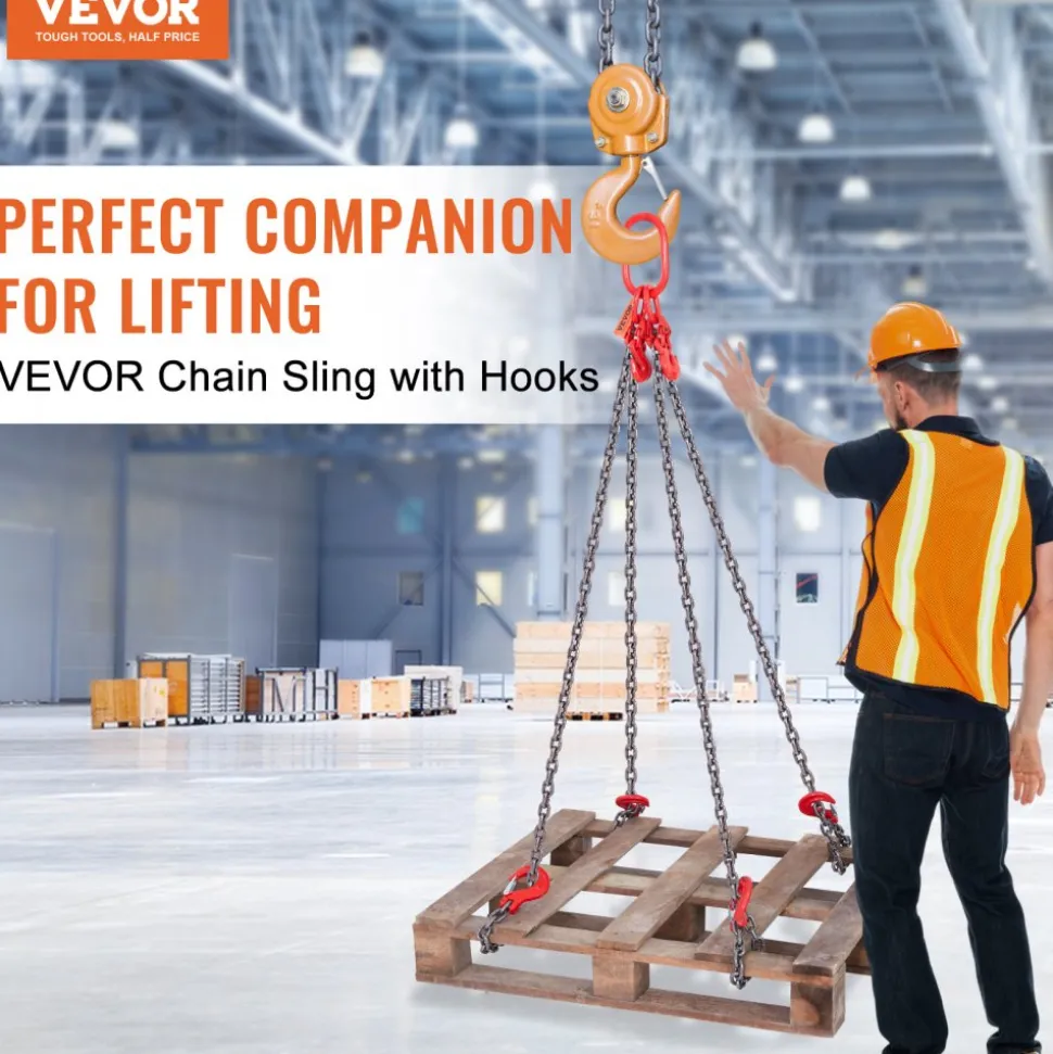 VEVOR Chain Sling, 5/16 inch x 5 ft Lifting Chains with Hooks, G80 Engine Chain Hoist Lifts, 11000 lbs/5 Ton Lifting Sling Chains for Engine Hoist, Engine Lift Chain with 4 Leg Grab Hooks & Adjusters