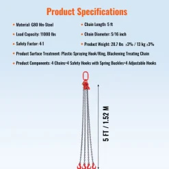 VEVOR Chain Sling, 5/16 inch x 5 ft Lifting Chains with Hooks, G80 Engine Chain Hoist Lifts, 11000 lbs/5 Ton Lifting Sling Chains for Engine Hoist, Engine Lift Chain with 4 Leg Grab Hooks & Adjusters