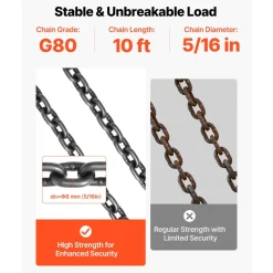 VEVOR Chain Sling, 5/16 in x 10 ft Lifting Chains with 2 Leg Grab Hooks, Heavy Duty G80 Alloy Steel Lifting Sling, 7000LBS Capacity, Adjustable Engine Chain Hoist Lifts for Cargo Security Towing