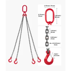 VEVOR Chain Sling, 1/4 in x 5 ft Lifting Chains with 4 Leg Grab Hooks, Heavy Duty G80 Alloy Steel Lifting Sling, 6600LBS Capacity, Adjustable Engine Chain Hoist Lifts for Cargo Security Towing