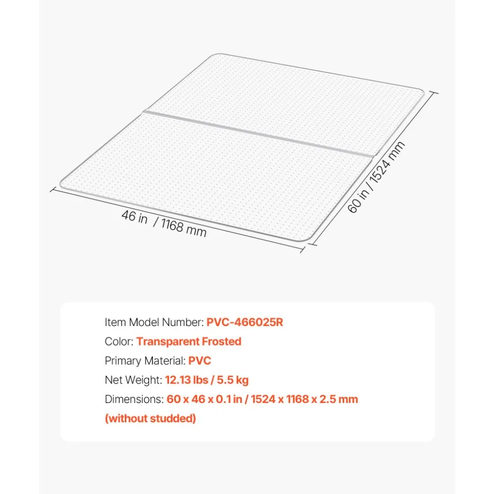 VEVOR Chair Mat, 60 x 46-inch Office Chair Mat for Low Pile Carpeted Floors, Clear Floor Protector Rug with Studded, Non-Slip & Easy to Clean, Smooth Glide Under Desk Rug for Home Office (Rectangular)
