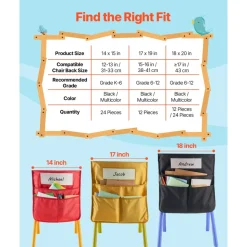 VEVOR Chair Pockets for Classroom, 24 Pack, 14 x 15 Inches Chairback Buddy Pocket with Name Tag, Back of Chair Organizer for Kids in Classroom, Kindergarten, School, and Home, Black