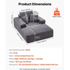 VEVOR Chaise Lounge Chair, 54 in Boneless Chaise Lounge Indoor, Modern Upholstered Oversized Reading Chair with Throw Pillows & Armrests, Sofa Couch Deep Seat Sleeper for Living Room, Bedroom, Grey