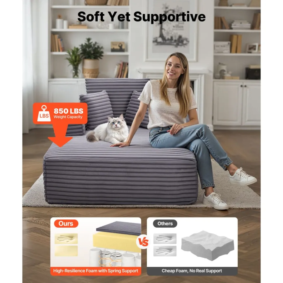 VEVOR Chaise Lounge Chair, 54 in Boneless Chaise Lounge Indoor, Modern Upholstered Oversized Reading Chair with Throw Pillows & Armrests, Sofa Couch Deep Seat Sleeper for Living Room, Bedroom, Grey