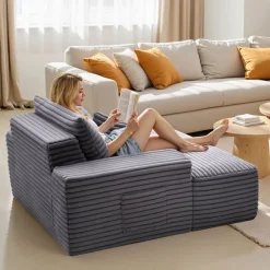 VEVOR Chaise Lounge Chair, 54 in Boneless Chaise Lounge Indoor, Modern Upholstered Oversized Reading Chair with Throw Pillows & Armrests, Sofa Couch Deep Seat Sleeper for Living Room, Bedroom, Grey