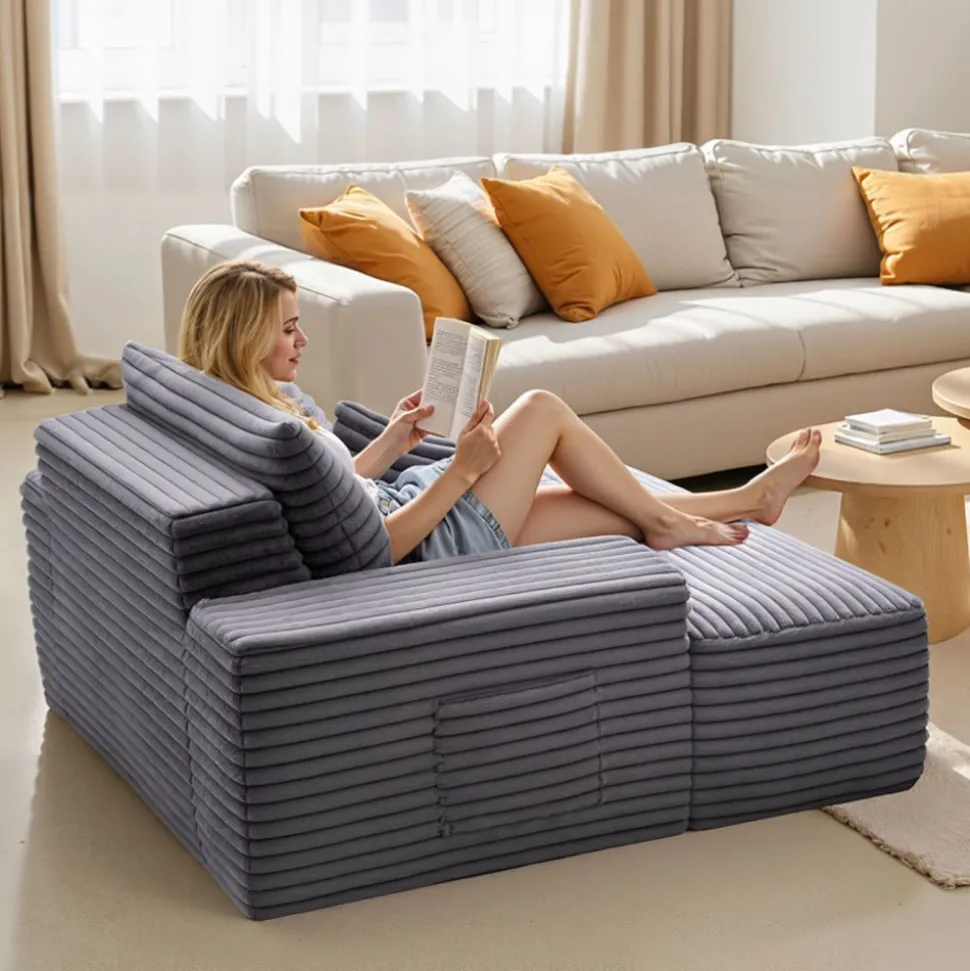 VEVOR Chaise Lounge Chair, 54 in Boneless Chaise Lounge Indoor, Modern Upholstered Oversized Reading Chair with Throw Pillows & Armrests, Sofa Couch Deep Seat Sleeper for Living Room, Bedroom, Grey