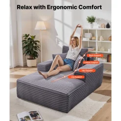 VEVOR Chaise Lounge Chair, 54 in Boneless Chaise Lounge Indoor, Modern Upholstered Oversized Reading Chair with Throw Pillows & Armrests, Sofa Couch Deep Seat Sleeper for Living Room, Bedroom, Grey