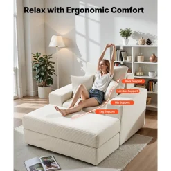 VEVOR Chaise Lounge Chair, 44 in Boneless Modular Chaise Lounge Indoor, Oversized Corduroy Reading Chair with Throw Pillows & Armrests, Deep Seat Sofa Couch Sleeper for Living Room, Bedroom, Beige