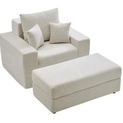 VEVOR Chaise Lounge Chair, 44 in Boneless Modular Chaise Lounge Indoor, Oversized Corduroy Reading Chair with Throw Pillows & Armrests, Deep Seat Sofa Couch Sleeper for Living Room, Bedroom, Beige