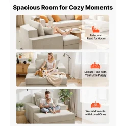 VEVOR Chaise Lounge Chair, 44 in Boneless Modular Chaise Lounge Indoor, Oversized Corduroy Reading Chair with Throw Pillows & Armrests, Deep Seat Sofa Couch Sleeper for Living Room, Bedroom, Beige
