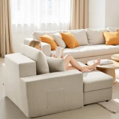 VEVOR Chaise Lounge Chair, 44 in Boneless Modular Chaise Lounge Indoor, Oversized Corduroy Reading Chair with Throw Pillows & Armrests, Deep Seat Sofa Couch Sleeper for Living Room, Bedroom, Beige