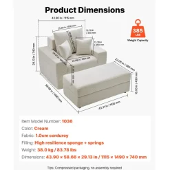 VEVOR Chaise Lounge Chair, 44 in Boneless Modular Chaise Lounge Indoor, Oversized Corduroy Reading Chair with Throw Pillows & Armrests, Deep Seat Sofa Couch Sleeper for Living Room, Bedroom, Beige