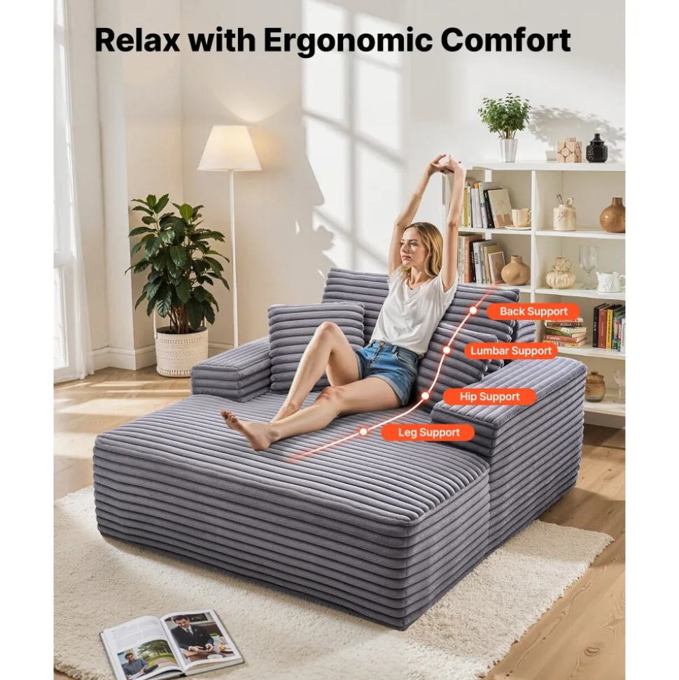VEVOR Chaise Lounge Chair, 48 in Boneless Chaise Lounge Indoor, Modern Upholstered Oversized Reading Chair with Throw Pillows & Armrests, Sofa Couch Deep Seat Sleeper for Living Room, Bedroom, Balcony