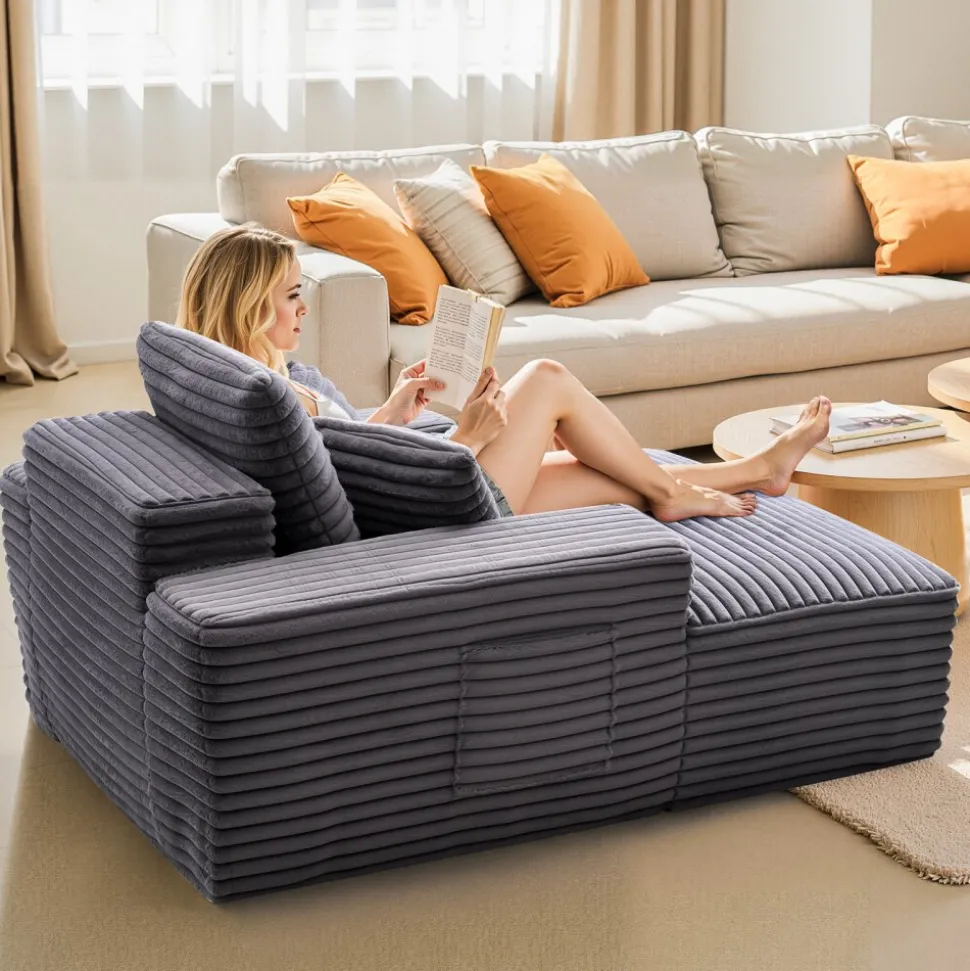VEVOR Chaise Lounge Chair, 48 in Boneless Chaise Lounge Indoor, Modern Upholstered Oversized Reading Chair with Throw Pillows & Armrests, Sofa Couch Deep Seat Sleeper for Living Room, Bedroom, Balcony