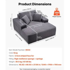 VEVOR Chaise Lounge Chair, 48 in Boneless Chaise Lounge Indoor, Modern Upholstered Oversized Reading Chair with Throw Pillows & Armrests, Sofa Couch Deep Seat Sleeper for Living Room, Bedroom, Balcony