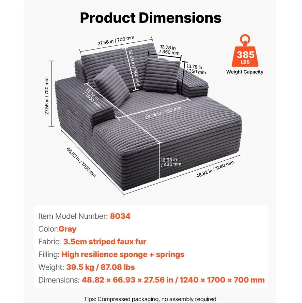 VEVOR Chaise Lounge Chair, 48 in Boneless Chaise Lounge Indoor, Modern Upholstered Oversized Reading Chair with Throw Pillows & Armrests, Sofa Couch Deep Seat Sleeper for Living Room, Bedroom, Balcony
