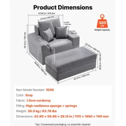 VEVOR Chaise Lounge Chair, 54 in Boneless Chaise Lounge Indoor, Modern Upholstered Oversized Reading Chair with Throw Pillows & Armrests, Sofa Couch Deep Seat Sleeper for Living Room, Bedroom, Beige