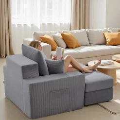 VEVOR Chaise Lounge Chair, 54 in Boneless Chaise Lounge Indoor, Modern Upholstered Oversized Reading Chair with Throw Pillows & Armrests, Sofa Couch Deep Seat Sleeper for Living Room, Bedroom, Beige