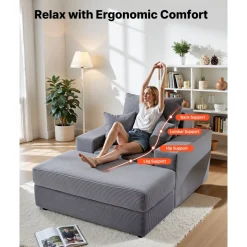VEVOR Chaise Lounge Chair, 54 in Boneless Chaise Lounge Indoor, Modern Upholstered Oversized Reading Chair with Throw Pillows & Armrests, Sofa Couch Deep Seat Sleeper for Living Room, Bedroom, Beige
