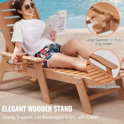 VEVOR Chaise Lounge Chair, 400 lbs Weight Capacity, 6 Positions Adjustable Patio Lounge Chair, Outdoor HDPE Lounge Chair with Backrest & Cup Holder, for Pool Poolside Deck Backyard Lawn, Brown