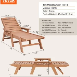VEVOR Chaise Lounge Chair, 400 lbs Weight Capacity, 6 Positions Adjustable Patio Lounge Chair, Outdoor HDPE Lounge Chair with Backrest & Cup Holder, for Pool Poolside Deck Backyard Lawn, Brown