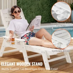 VEVOR Chaise Lounge Chair, 400 lbs Weight Capacity, 6 Positions Adjustable Patio Lounge Chair, Outdoor HDPE Lounge Chair with Backrest & Cup Holder, for Pool Poolside Deck Backyard Lawn, Gray