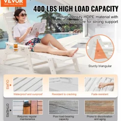 VEVOR Chaise Lounge Chair, 400 lbs Weight Capacity, 6 Positions Adjustable Patio Lounge Chair, Outdoor HDPE Lounge Chair with Backrest & Cup Holder, for Pool Poolside Deck Backyard Lawn, Gray