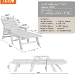 VEVOR Chaise Lounge Chair, 400 lbs Weight Capacity, 6 Positions Adjustable Patio Lounge Chair, Outdoor HDPE Lounge Chair with Backrest & Cup Holder, for Pool Poolside Deck Backyard Lawn, Gray