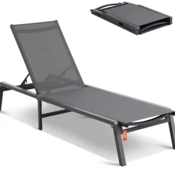 VEVOR Chaise Lounge Chair Outdoor, Aluminum Patio Lounge Chair with Adjustable 5-Position, Folding Pool Lounge Chair Recliner and Full Flat Tanning Chair for Patio, Beach, Pool, Dark Grey