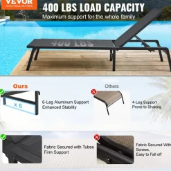 VEVOR Chaise Lounge Chair Outdoor, Aluminum Patio Lounge Chair with Adjustable 5-Position, Folding Pool Lounge Chair Recliner and Full Flat Tanning Chair for Patio, Beach, Pool, Dark Grey