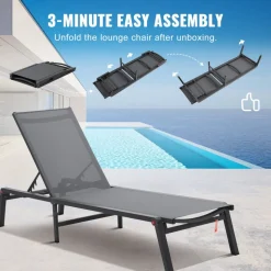 VEVOR Chaise Lounge Chair Outdoor, Aluminum Patio Lounge Chair with Adjustable 5-Position, Folding Pool Lounge Chair Recliner and Full Flat Tanning Chair for Patio, Beach, Pool, Dark Grey